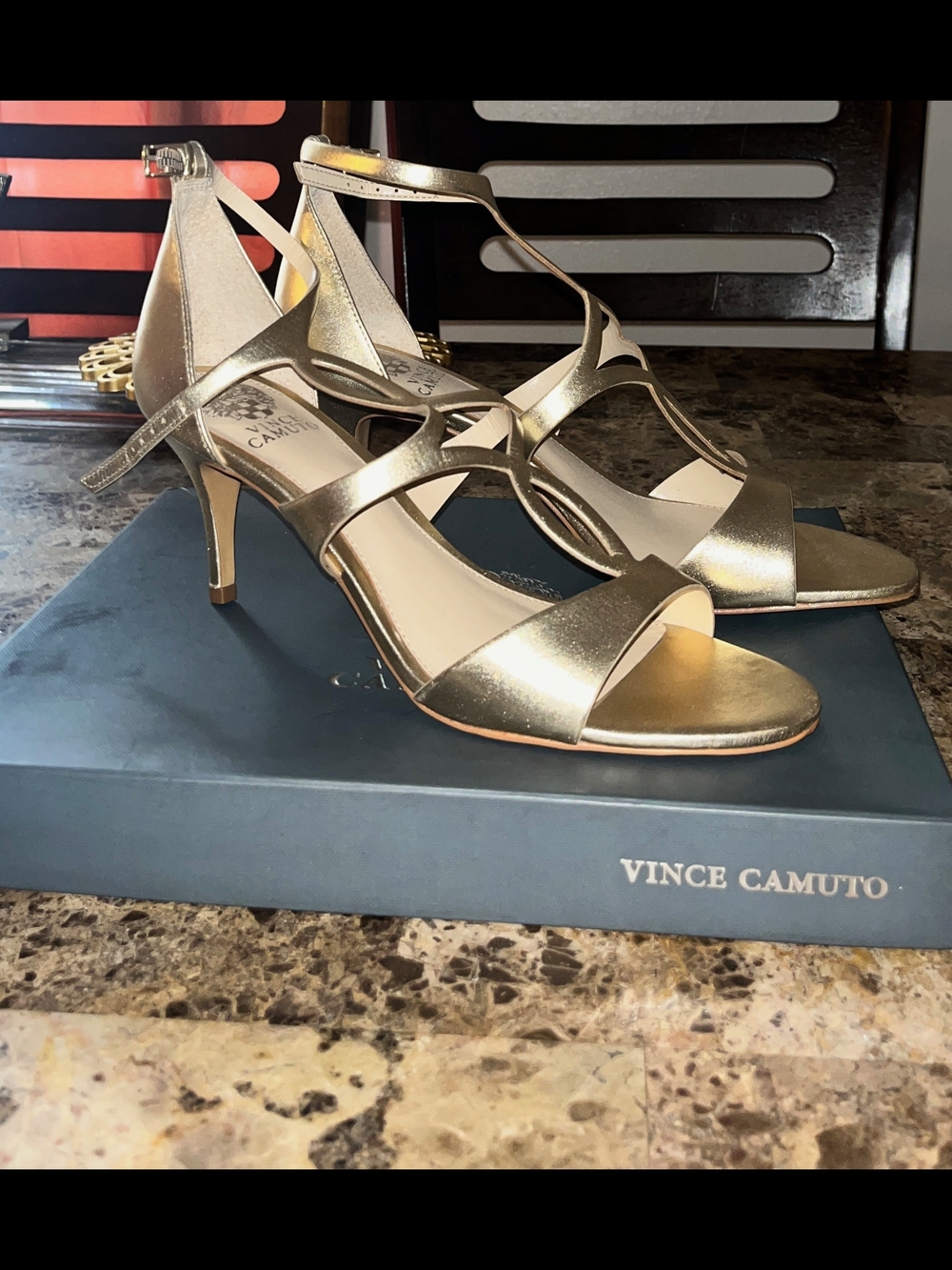 Vince Camuto Gold Strappy T‑Bar Mid Heel Sandals